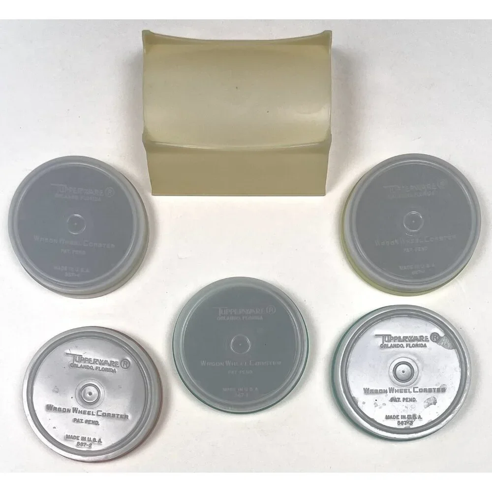 VTG Set 5 TUPPERWARE Pastel Wagon Wheel COASTERS 567 w/ Caddy Rack Holder 566-4